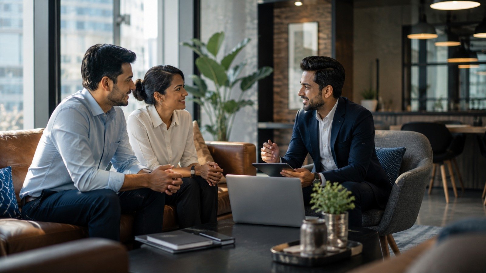 Consultant walking two clients through a web development proposal