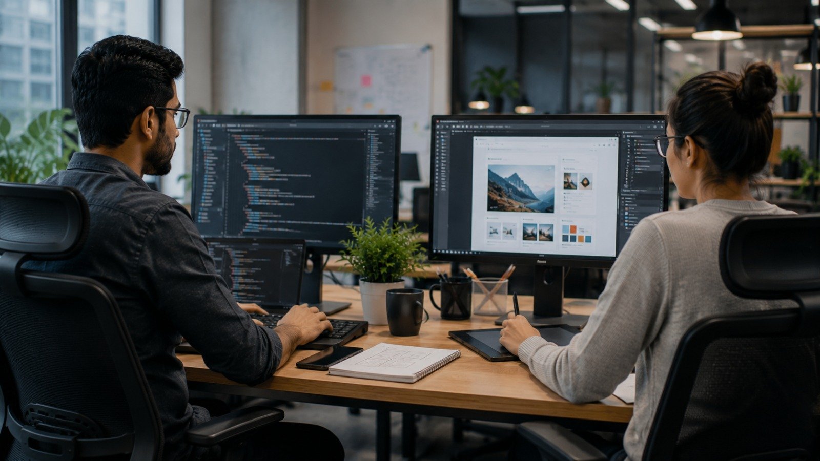 Designer and developer working through a website build together